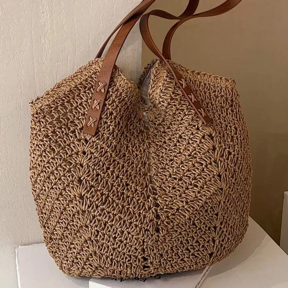 Boho Vegan Leather Strap Minimalist Straw Tote Bag - Picture 9 of 14